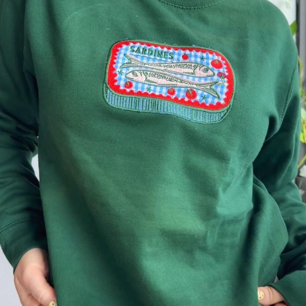 Forest Green NWT Embroidered Sardine Can Patchwork Applique Crewneck Sweatshirt